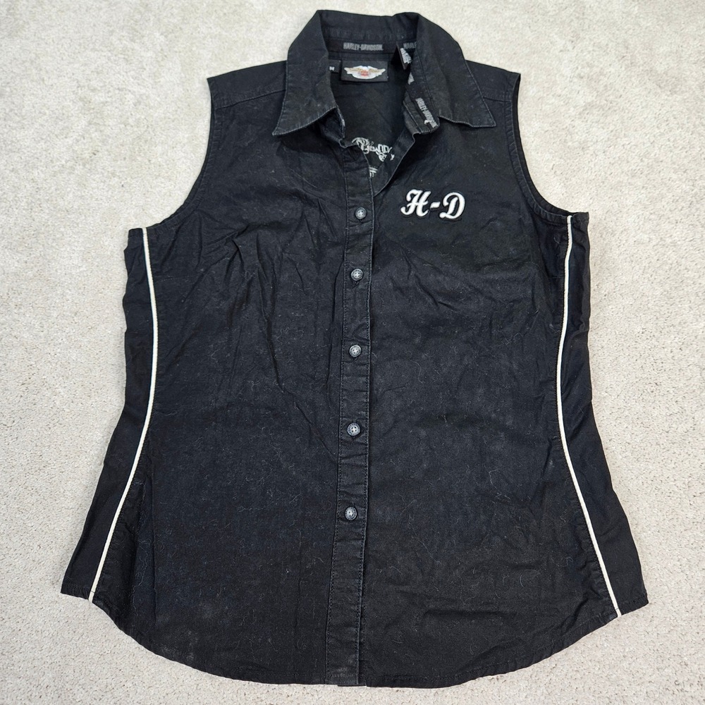 Women's Harley Davidson Sleeveless Button Up Shirt Top Black Motorcycle Biker M‎